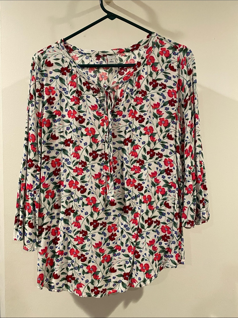 Old Navy White Floral Tie-Neck Blouse with Red and Green Print